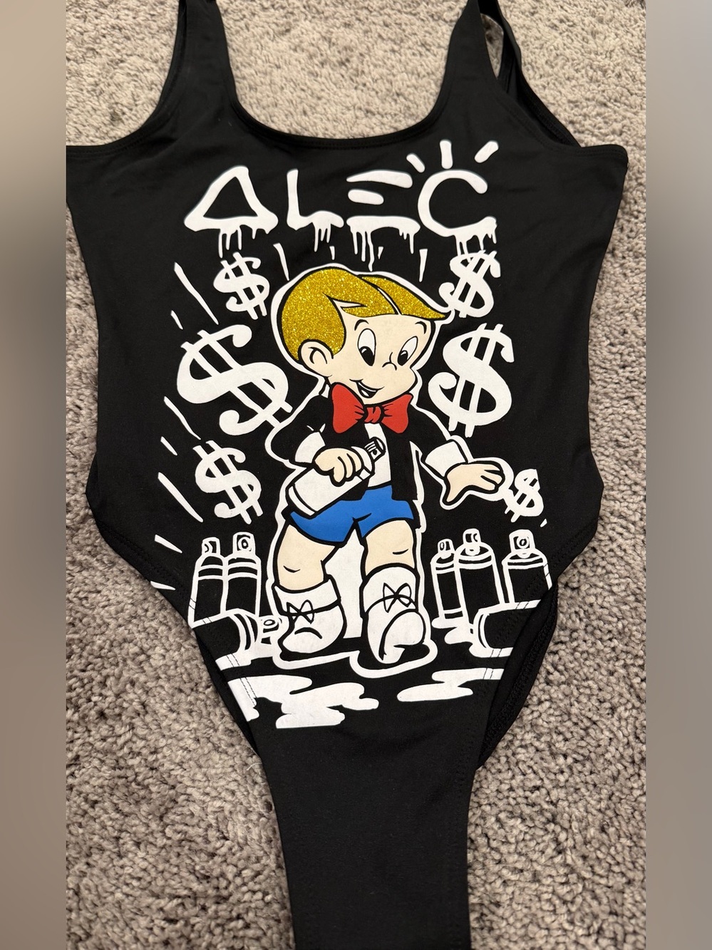 Forever 21 Black One-Piece Bodysuit with Gold, Blue & Red Character Print